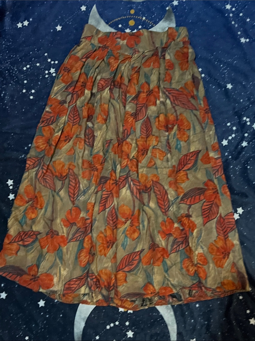 Floral Midi Skirt in Olive with Orange Bloom